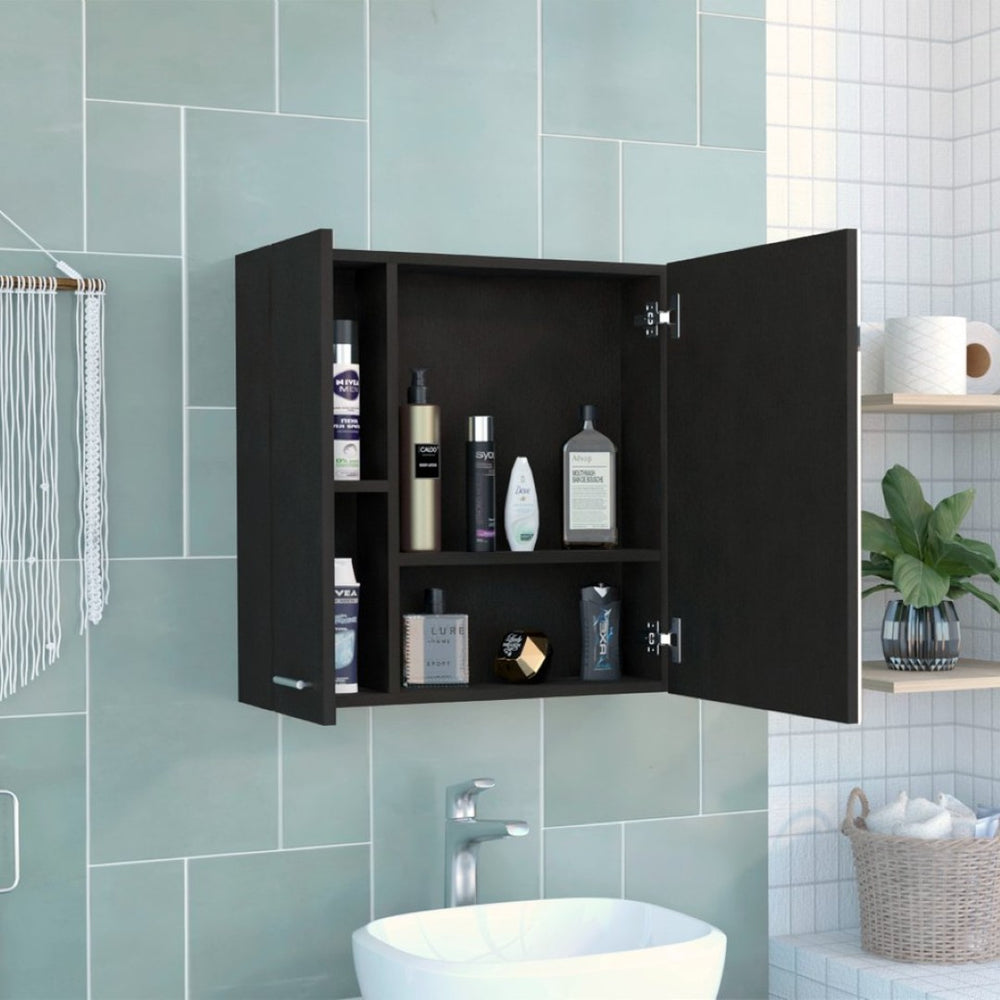 English Elm Medicine Cabinet Double Door Mirrored Black Finish Four Shelf Bathroom Wall Storage B097133008