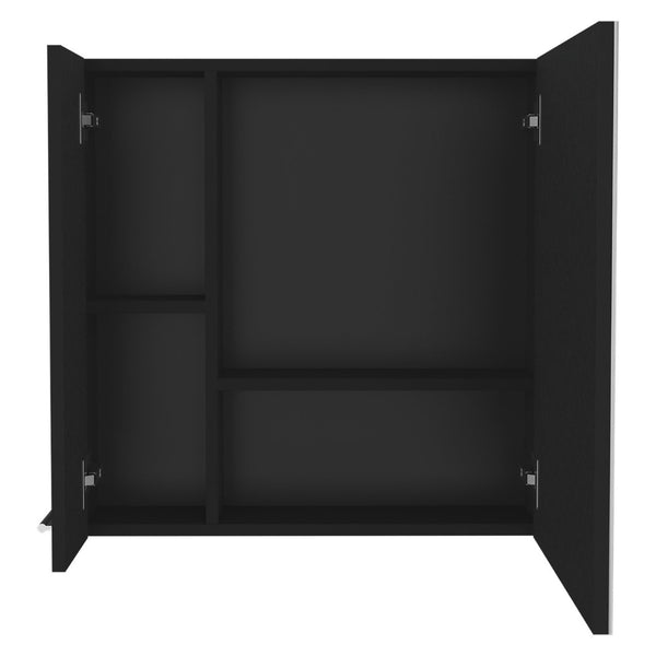 English Elm Medicine Cabinet Double Door Mirrored Black Finish Four Shelf Bathroom Wall Storage B097133008