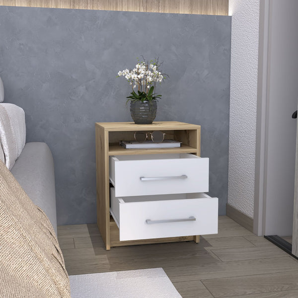 English Elm Nightstand Two Drawer Open Shelf White Oak Scandinavian Bedroom Bedside Organizer B097133066