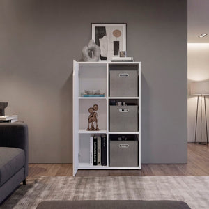 English Elm Bookshelf with Six Open Shelves and Three Woven Baskets for Modern Home Storage B097P507707