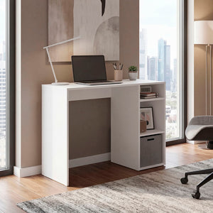 English Elm Computer Desk with Open Shelving and Woven Basket for Compact Home Office Use White B097P507708