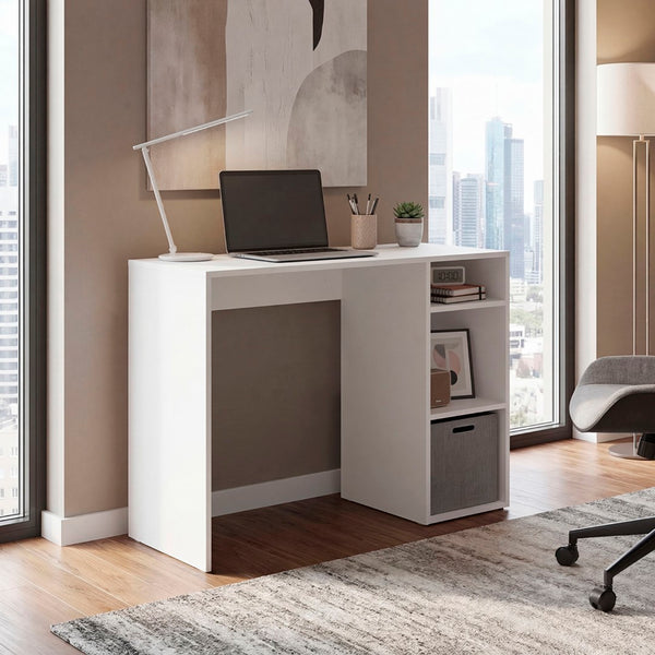 English Elm Computer Desk with Open Shelving and Woven Basket for Compact Home Office Use White B097P507708