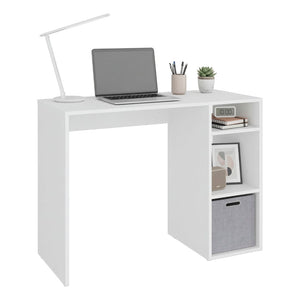 English Elm Computer Desk with Open Shelving and Woven Basket for Compact Home Office Use White B097P507708
