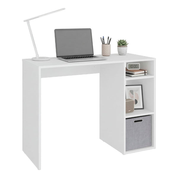 English Elm Computer Desk with Open Shelving and Woven Basket for Compact Home Office Use White B097P507708