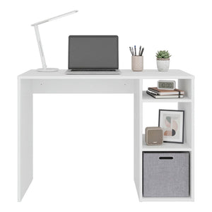 English Elm Computer Desk with Open Shelving and Woven Basket for Compact Home Office Use White B097P507708