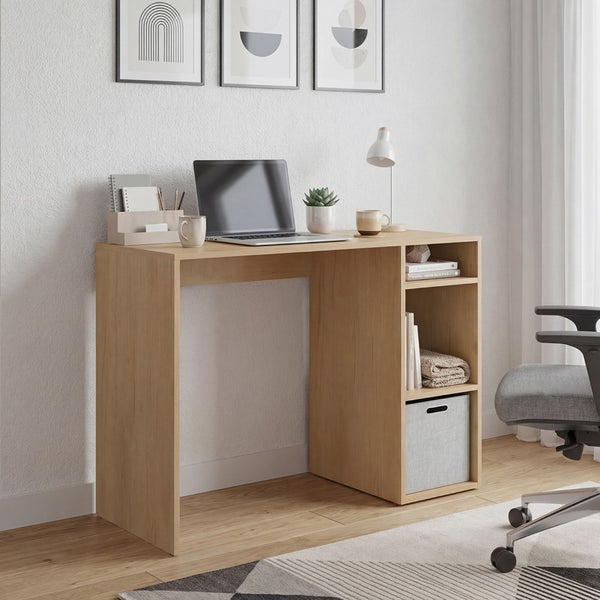 English Elm Computer Desk with Open Shelving and Woven Basket for Compact Home Office Use Natural B097P507709
