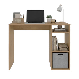 English Elm Computer Desk with Open Shelving and Woven Basket for Compact Home Office Use Natural B097P507709