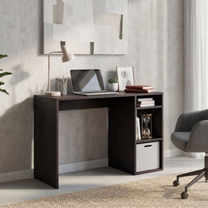 English Elm Computer Desk with Open Shelving and Woven Basket for Compact Home Office Use Black B097P507710