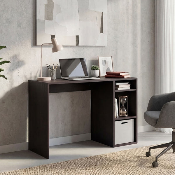 English Elm Computer Desk with Open Shelving and Woven Basket for Compact Home Office Use Black B097P507710