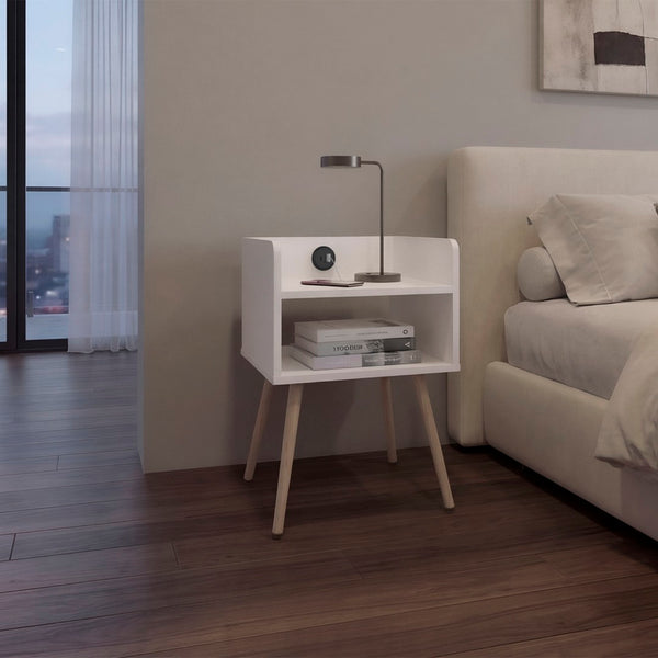 English Elm Night Table Compact Open Shelf Matte Black Engineered Wood Minimalist Bedroom Accent White B097P507711