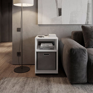English Elm Side Table with Charging Port Fabric Basket and Open Shelf for Modern Bedrooms White B097P507712