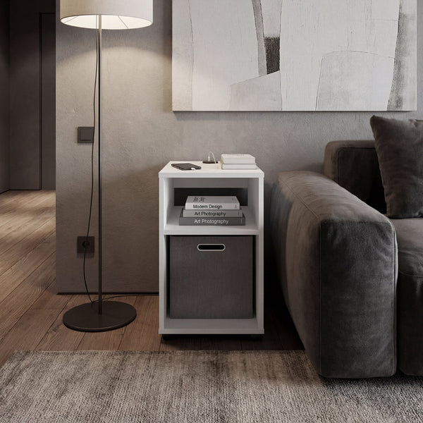English Elm Side Table with Charging Port Fabric Basket and Open Shelf for Modern Bedrooms White B097P507712
