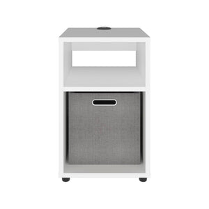 English Elm Side Table with Charging Port Fabric Basket and Open Shelf for Modern Bedrooms White B097P507712