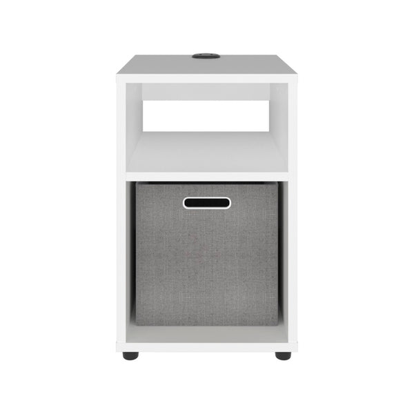 English Elm Side Table with Charging Port Fabric Basket and Open Shelf for Modern Bedrooms White B097P507712