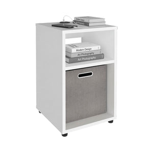 English Elm Side Table with Charging Port Fabric Basket and Open Shelf for Modern Bedrooms White B097P507712