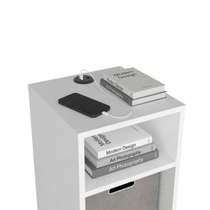 English Elm Side Table with Charging Port Fabric Basket and Open Shelf for Modern Bedrooms White B097P507712