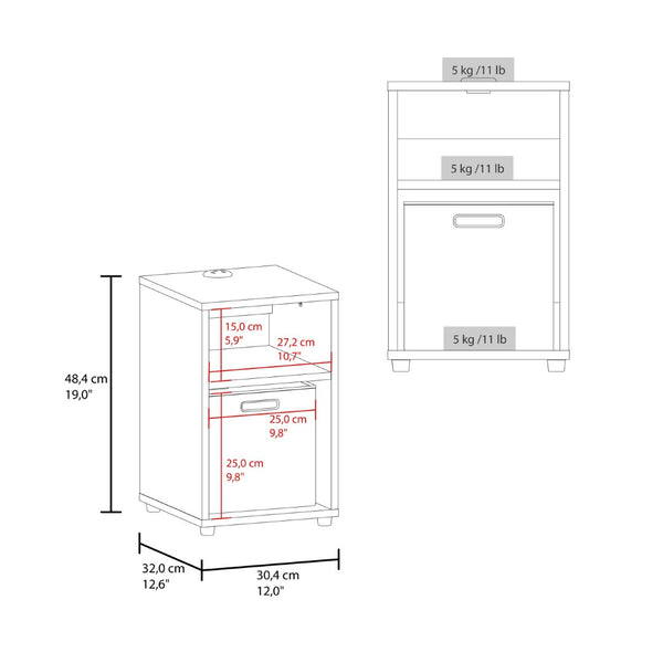 English Elm Side Table with Charging Port Fabric Basket and Open Shelf for Modern Bedrooms White B097P507712