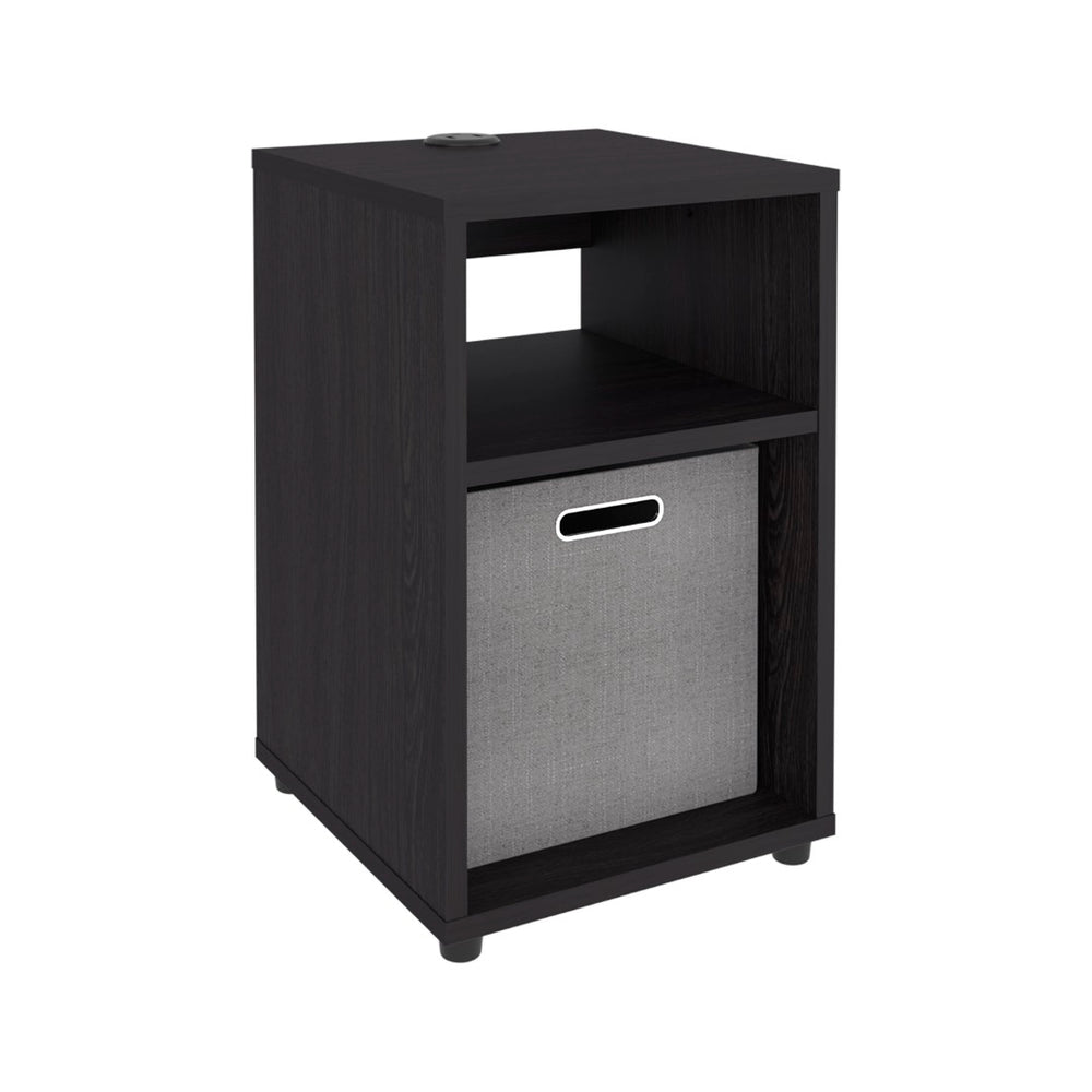 English Elm Side Table with Charging Port Fabric Basket and Open Shelf for Modern Bedrooms Black B097P507714