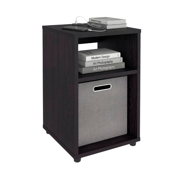 English Elm Side Table with Charging Port Fabric Basket and Open Shelf for Modern Bedrooms Black B097P507714