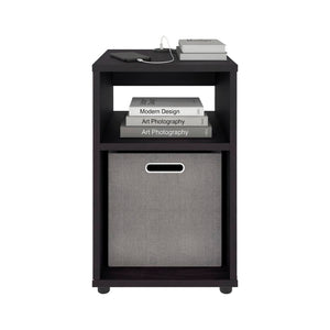 English Elm Side Table with Charging Port Fabric Basket and Open Shelf for Modern Bedrooms Black B097P507714