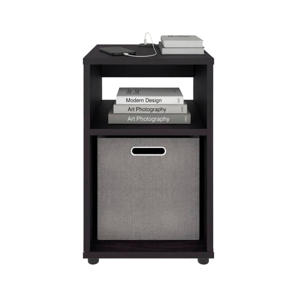 English Elm Side Table with Charging Port Fabric Basket and Open Shelf for Modern Bedrooms Black B097P507714