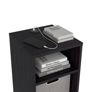 English Elm Side Table with Charging Port Fabric Basket and Open Shelf for Modern Bedrooms Black B097P507714