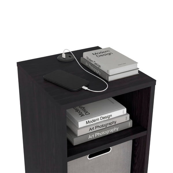 English Elm Side Table with Charging Port Fabric Basket and Open Shelf for Modern Bedrooms Black B097P507714