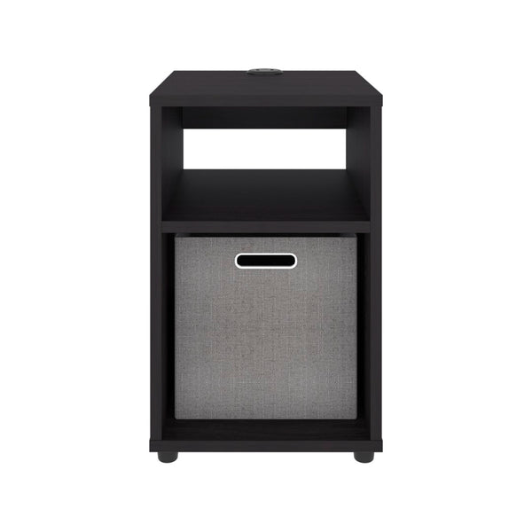 English Elm Side Table with Charging Port Fabric Basket and Open Shelf for Modern Bedrooms Black B097P507714