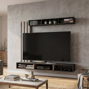 English Elm Entertainment Wall Unit with Slat Panel Display Shelf and Low Profile Tv Stand Oak B097P537830