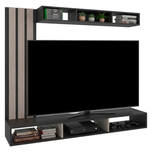 English Elm Entertainment Wall Unit with Slat Panel Display Shelf and Low Profile Tv Stand Oak B097P537830