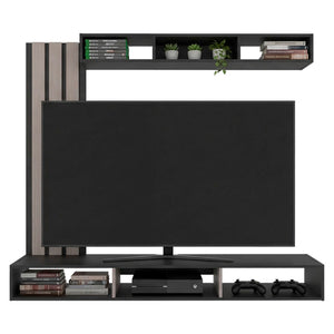 English Elm Entertainment Wall Unit with Slat Panel Display Shelf and Low Profile Tv Stand Oak B097P537830