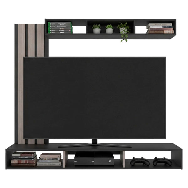 English Elm Entertainment Wall Unit with Slat Panel Display Shelf and Low Profile Tv Stand Oak B097P537830