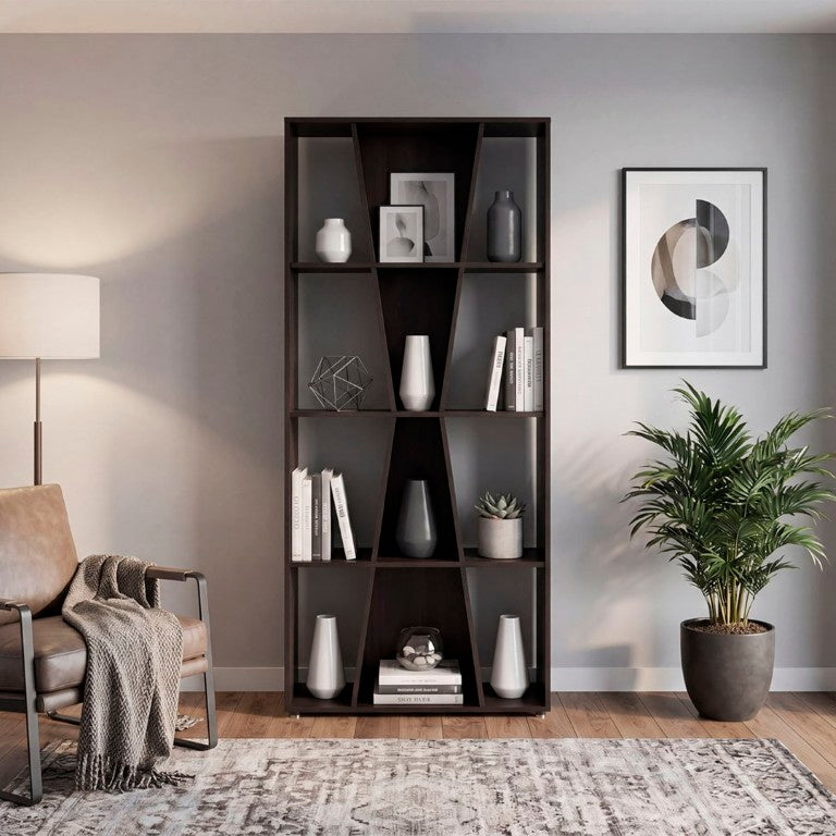 English Elm Geometric X Pattern Bookcase 11 Compartment Dark Walnut MDF Open Shelf for Modern Homes B097P543466