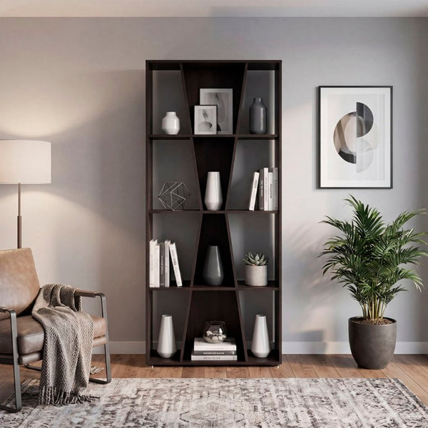 English Elm Geometric X Pattern Bookcase 11 Compartment Dark Walnut MDF Open Shelf for Modern Homes B097P543466