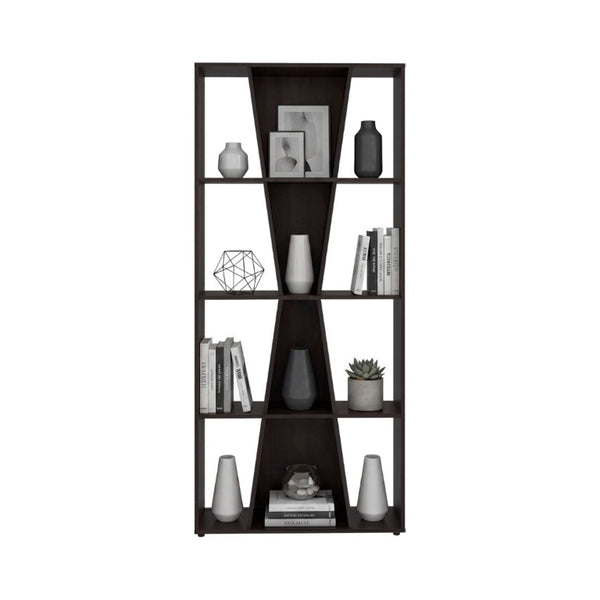 English Elm Geometric X Pattern Bookcase 11 Compartment Dark Walnut MDF Open Shelf for Modern Homes B097P543466