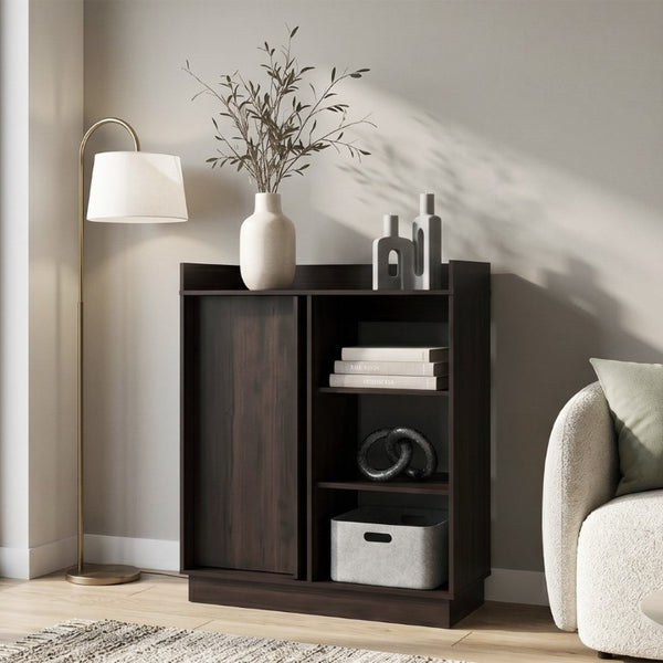 English Elm Modern Dark Walnut Sideboard with Sliding Door Cabinet and Three Open Display Shelves B097P543467