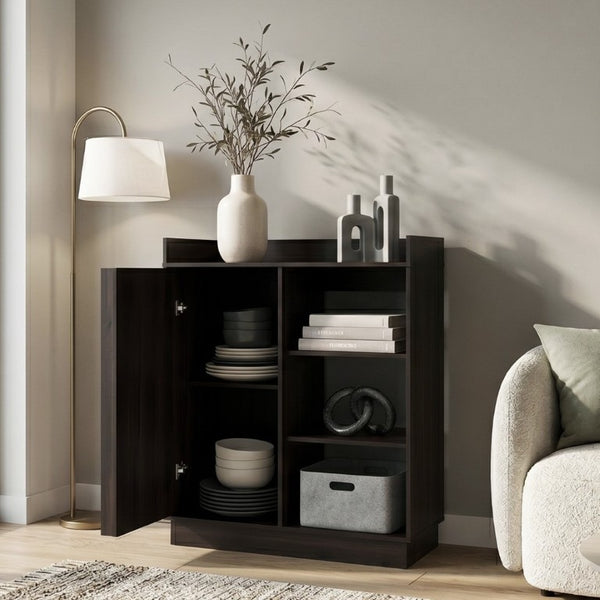 English Elm Modern Dark Walnut Sideboard with Sliding Door Cabinet and Three Open Display Shelves B097P543467