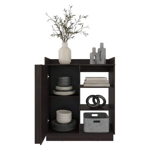 English Elm Modern Dark Walnut Sideboard with Sliding Door Cabinet and Three Open Display Shelves B097P543467