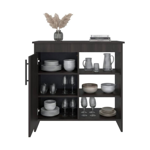 English Elm Sideboard Dark Walnut Asymmetrical Cabinet with Open Display Shelving for Dining Rooms B097P543468