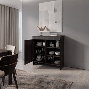 English Elm Sideboard Dark Walnut Asymmetrical Cabinet with Open Display Shelving for Dining Rooms B097P543468