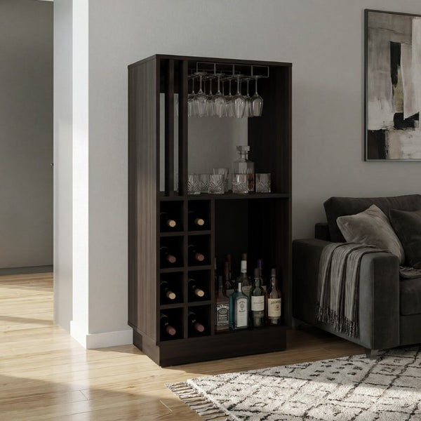 English Elm Home Bar Cabinet Dark Walnut with Wine Cubbies Stemware Rack and Liquor Storage B097P543469