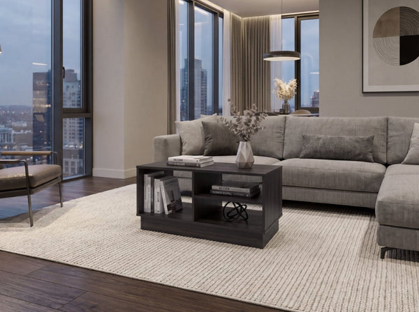 English Elm Coffee Table with Asymmetric Open Shelving Black Wengue Finish Modern Living Room B097P543470