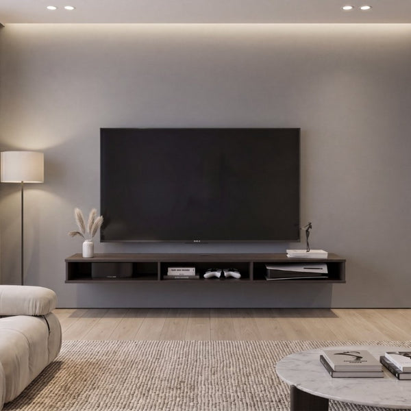 English Elm Modern Floating Wall Mount TV Console in Dark Walnut with Open Media Storage B097P543473