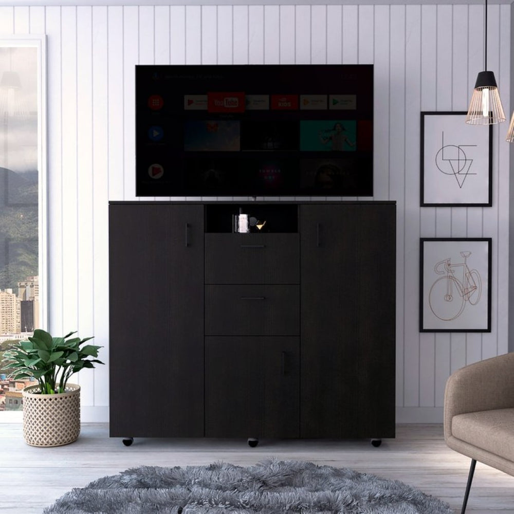 English Elm Cabinet Wardrobe Dresser with Shelves Hanging Rod Drawers Matte Black Bedroom Storage B097S00002