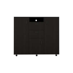 English Elm Cabinet Wardrobe Dresser with Shelves Hanging Rod Drawers Matte Black Bedroom Storage B097S00002