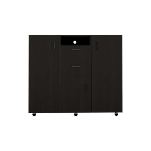 English Elm Cabinet Wardrobe Dresser with Shelves Hanging Rod Drawers Matte Black Bedroom Storage B097S00002
