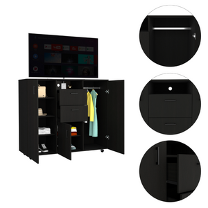 English Elm Cabinet Wardrobe Dresser with Shelves Hanging Rod Drawers Matte Black Bedroom Storage B097S00002