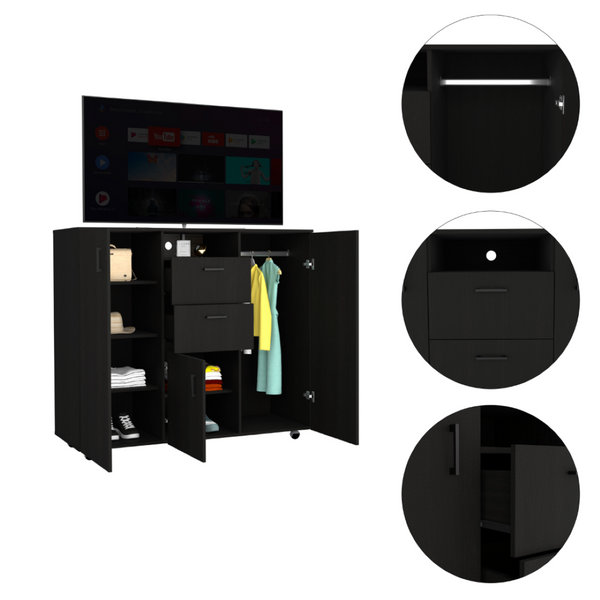 English Elm Cabinet Wardrobe Dresser with Shelves Hanging Rod Drawers Matte Black Bedroom Storage B097S00002