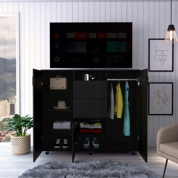 English Elm Cabinet Wardrobe Dresser with Shelves Hanging Rod Drawers Matte Black Bedroom Storage B097S00002