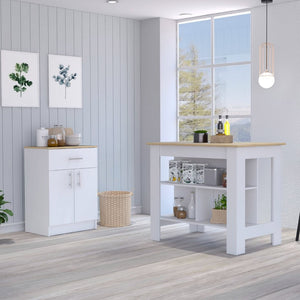 English Elm 2 Piece Kitchen Island and Pantry Cabinet Set in White Light Oak Transitional Style B097S00020
